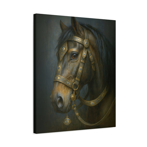 A rectangular, vertical matte canvas print depicting a classical, painterly portrait of a horse's head in profile. The horse is a deep, dark brown with a flowing black mane. It is adorned with an ornate and intricate bridle made of dark leather and burnished gold metal plates, featuring detailed scrollwork. A small, eye-shaped charm with a blue center dangles from the bridle near the horse's cheek. The lighting is dramatic chiaroscuro, with a soft light illuminating the horse's face.